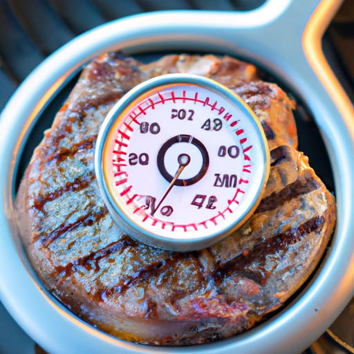 תמונה של סטייק מבושל בצורה מושלמת עם מדחום בשר תקוע בו, המראה את הטמפרטורה האידיאלית.